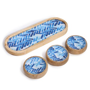 Ensemble de plateaux et de bols en bois, motif bleu, poli, pour la présentation de fruits, de desserts et de nourriture, décoration pour la maison - Product Image 1