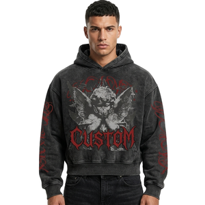 <b>Men</b>’s Washed Black Cropped Hoodie Gothic Angel DTG Print Oversized Streetwear <b>Pullover</b> Vintage Y2K Long Sleeve Custom Hoodies - Product Image 1