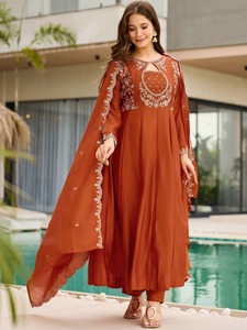 Luxury Rust Orange Silk Georgette Anarkali Gown Suit Heavy Silver Embroidery Flared Frock Style Kurta Pant Indian Pakistani Wedd - Product Image 4