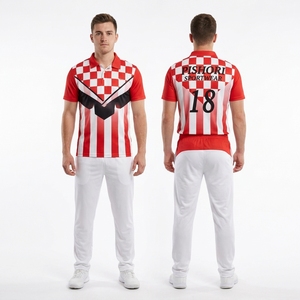 Custom Red <b>White</b> Check Pattern Cricket Kit Lightweight Polyester Sublimation <b>Top</b> Plus Team Trousers Apparel - Product Image 1
