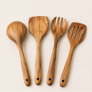 Exclusive Solid Wood 4-Piece Modern Design Cooking Spoons Set <b>Wooden</b> Kitchen Utensils Slotted Spatula <b>Ladle</b> Eco-Friendly - Product Image 4