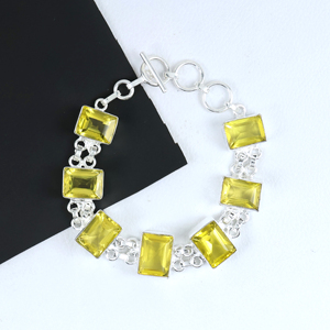 Wholesale Vintage Style Sterling Silver Plated Lemon Quartz Rectangle <b>Stone</b> Toggle Clasp Link <b>Bracelet</b> Bohemian Ethnic Jewelry - Product Image 1