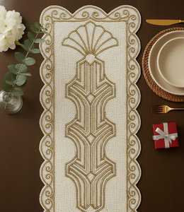 Embroidered Cotton <b>Table</b> <b>Runner</b> Geometric Pattern Classic Style Home Decor Beige <b>Gold</b> - Product Image 2