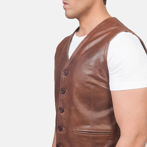 Chaleco de Cuero Genuino Marrón para Hombre, Cuello en V, Cierre de Botón, Sin Mangas, Estilo Motero - Product Image 4