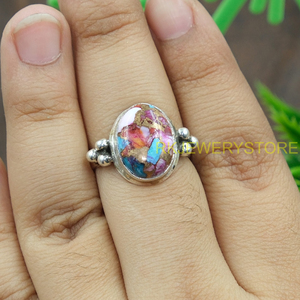 Pink Copper Blue Oyster <b>Turquoise</b> Gemstone <b>Ring</b> 925 Sterling Silver Handmade Boho <b>Ring</b> Oval Cabochon <b>Turquoise</b> Jewelry For Women - Product Image 2