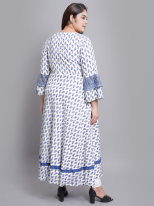 Vestido Anarkali de Viscosa Blanca con Estampado Floral, Mangas Largas, Cuello Redondo, Talla Grande, Informal, Festivo, al por Mayor para Mujer - Product Image 3