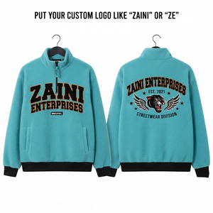 320 GSM Turquoise Sherpa Fleece Puller <b>Jacket</b> Quarter Zip Black Rib Trim Custom Embossed Logo Breathable <b>Waterproof</b> Men's - Product Image 1