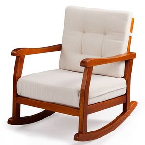 Sedia a dondolo da esterno in legno massello di abete con cuscini rimovibili e lavabili, sdraio da patio con schienale inclinato in legno massello di abete - Product Image 3