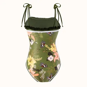 Maillot de bain une pièce de luxe à imprimé floral avec volants et encolure halter, maillot de bain pour femmes en tissu extensible, style bikini - Product Image 2