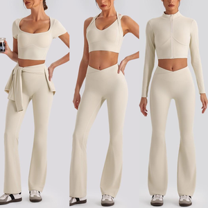 4pcs Sets Custom Logo Women Slim Fit <b>Top</b> T Shirts Sports Bra Active Wear Set High Waist Flare Pants Yoga Set Gym Fitness Clothes - Product Image 4
