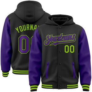 เสื้อแจ็คเก็ตฮู้ดดี้แบบมีกระดุมสองสี รุ่น Varsity Letterman สีดำ-ม่วง-เขียวนีออน ผลิตโดย OMMIZ INDUSTRY ขายส่งโดยตรง - Product Image 1