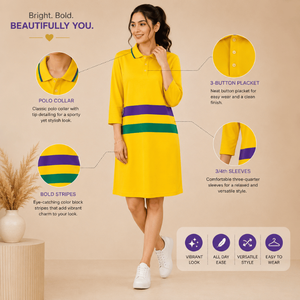 Robe polo décontractée en coton éponge pour femmes avec manches trois quarts, robe jaune inspirée du Mardi Gras avec des touches violets et verts audacieux - Product Image 4