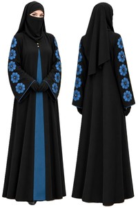 <b>Black</b> Embroidered Abaya with Niqab Blue Floral Stand Collar <b>Long</b> <b>Sleeve</b> Modest Muslim <b>Dress</b> Floor Length - Product Image 2