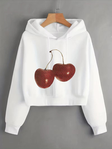 Sudadera con capucha de mujer color lavanda con estampado de cerezas con lentejuelas, estilo casual corto, logo frontal, estilo primavera, manga larga, tejida - Product Image 5
