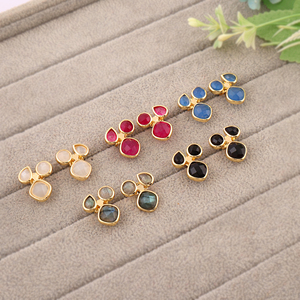 Boucles d'oreilles clous géométriques minimalistes en labradorite naturelle chatoyante, plaqué or 18 carats, bijoux fantaisie en gros pour femmes - Product Image 3
