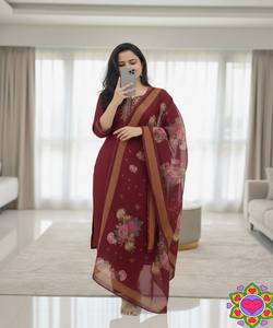 Conjunto de ropa de oficina de algodón slub de moda con bordado, top, pantalón y dupatta, de secado rápido, multicolor, para mujer, estilo étnico, en stock. - Product Image 1