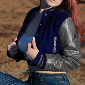 Womens Varsity Crop <b>Jacket</b> Navy Blue <b>Silver</b> Letterman Style Bomber Coat Faux Leather Sleeves Casual Outerwear Ladies Fashion - Product Image 2