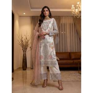 Elegancia Cosida en Cada Detalle, Encanto Color Marfil, Delicado Bordado Plateado, Salwar Kameez de Alta Calidad para Mujer, Lavable y de Secado Rápido - Product Image 1