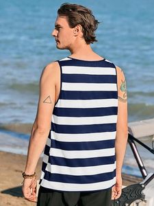 Débardeur Homme Rayé Blanc et Bleu Marine Col Rond Sans Manches Décontracté Respirant en Maille - Product Image 3