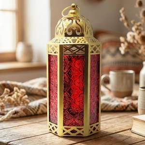 Farol Árabe de Vidrio Repujado, Portavelas Metálico Marroquí para Ramadán, Hogar - Product Image 6
