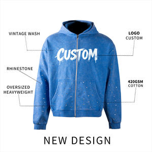 Custom Men <b>Hoodie</b> 100% Cotton Embroidery Mens Clothing Rhinestone Boxy Fit Streetwear Heavyweight Zip up Hoodies for Men - Product Image 4