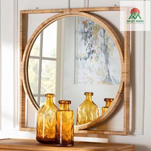 Espejo central redondo fabricado con ratán natural, madera de caoba y madera de ingeniería. Puede ser montado en la pared. - Product Image 1