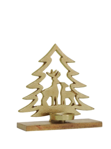 Decorative Gold Aluminum <b>Tree</b> with Reindeer Candle Holder on Wooden Base <b>Christmas</b> <b>Table</b> Centerpiece - Product Image 1
