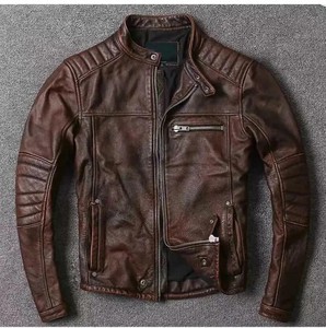 Veste de moto en cuir véritable marron pour homme, col montant, fermeture éclair, style motard, vêtement d'automne - Product Image 2