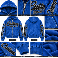 Sweat à capuche zippé personnalisé bleu avec strass pour homme, style streetwear oversize, effet délavé, brodé, vêtements de marque sur mesure