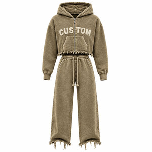 Ensemble de survêtement marron pour homme 100% coton, fermeture éclair intégrale, 450 g/m², pantalon de jogging à jambe large avec fermeture éclair courte et ourlet effiloché, tenue décontractée - Product Image 4