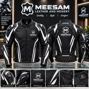 เสื้อแจ็คเก็ตมอเตอร์ไซค์หนังสีดำขาวแบบมีรูระบายอากาศสำหรับผู้ชาย พร้อมแผ่นป้องกันไหล่และข้อศอก - Product Image 1