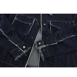 Veste en jean pour homme, bleu foncé, bords effilochés, col rabattu, coupe classique, style décontracté, manches longues, matière en coton - Product Image 6