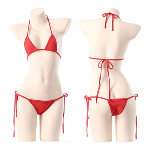 Ensemble de bikini rouge pour femmes, deux pièces, couleur unie, spandex, nylon, maillot de bain, bas string, coupe ajustée, style régulier, micro bikini - Product Image 1