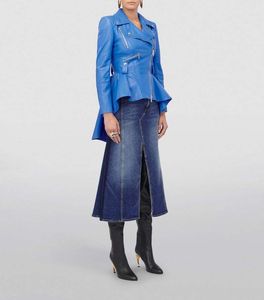 เสื้อแจ็คเก็ตหนังแท้ทรงเปปลัมสำหรับผู้หญิง หนังแกะแท้ สีน้ำเงิน ซิป ดีไซน์เนอร์แฟชั่น ฤดูใบไม้ร่วง ฤดูหนาว ระบายอากาศได้ดี พร้อมโลโก้ตัวอักษร - Product Image 4