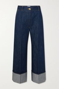 Pantalon en jean taille haute à jambe large pour femme, coupe ample, longueur genou, en coton délavé, style décontracté vintage, ourlet retroussé - Product Image 2