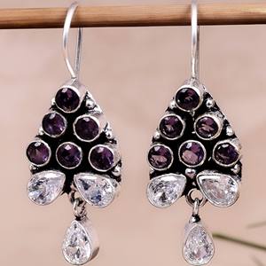 Pendientes Colgantes Étnicos Tribales Bohemios con Flores de Plata Oxidada |   Pendientes Colgantes con Cristales de Amatista |   Bohemio Vintage Indio - Product Image 4