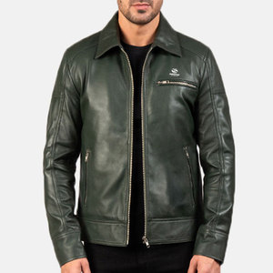 เสื้อแจ็คเก็ตหนังแกะแท้สีเขียวสำหรับผู้ชาย แบบเย็บลายสไตล์ไบค์เกอร์ คอปกเสื้อเชิ้ต คอปกโปโล ทรงเข้ารูป สไตล์สั่งตัด - Product Image 1