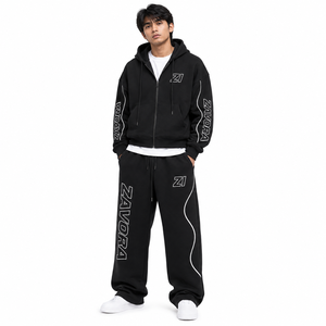 Premium Black 2PC Tracksuit Set <b>Full</b> <b>Zip</b> <b>Hoodie</b> Wide Leg Sweatpants Graphic Print Contrast Piping High Street Men's Winter Wear - Product Image 1