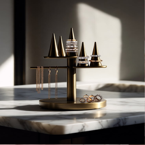 <b>Large</b> capacity rotating earring holder and necklace display stand with wooden base <b>tray</b>, available at wholesale prices. - Product Image 4
