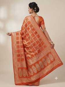 Traditional Indian BANARASI KATAN Silk <b>Saree</b> For Women <b>Orange</b> With Geometric Patterns Wedding Wear Floor Length Regular Fit - Product Image 3