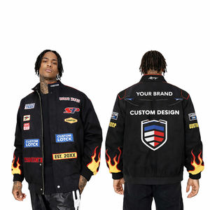 Blouson de course noir personnalisé 2026 pour homme avec manches effet flamme – Blouson bomber personnalisé pour équipe de motorsport – Manteau streetwear zippé avec logo patch - Product Image 2