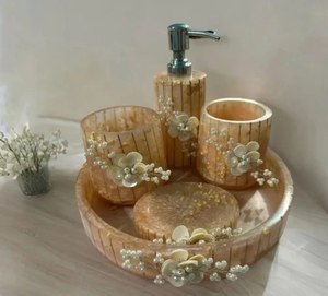 Star Crafts India Eco Friendly Swirl Resin Luxury Four-piece Bathroom Set Soap Dispenser <b>Toothbrush</b> <b>Holder</b> Tray Design Easy - Product Image 6