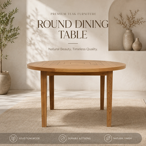 Mesa de Comedor Redonda de Madera de Teca Sólida Resistente a la Intemperie KD con Listones Geométricos para Proyectos Comerciales de Resorts y Restaurantes en Indonesia SVLK - Product Image 6