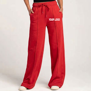 Top Trending <b>Women's</b> <b>Red</b> Fleece Wide Leg Pants Mid Waist Drawstring Loose Fit Full Length Casual Solid Color With Pockets Right - Product Image 4