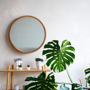 Modern round Oak Wood <b>Frame</b> Wall <b>Mirror</b> <b>Large</b> Minimalist Decoration Bone Inlay for Living Room Thick Art Deco Style for Wedding - Product Image 2