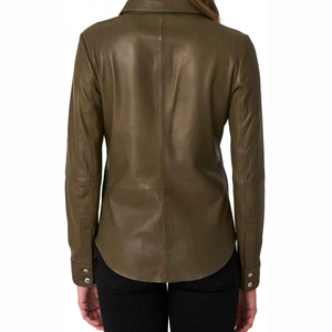Drop <b>Shoulder</b> Chest Pocket Genuine Leather Shirts Ladies Collar Button Oversize Vintage <b>Long</b> Women's Letterman Shirt - Product Image 6