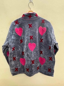 <b>Velvet</b> <b>Jacket</b> With Pink Hearts <b>Jacket</b> Embroidery Stand Collar Full Sleeve Winter Coat Gift for Her - Product Image 3