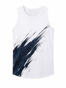 Débardeur blanc sans manches pour homme personnalisé avec imprimé brossé bleu marine, col rond, séchage rapide, coupe sportive, en polyester tricoté, faible MOQ - Product Image 1