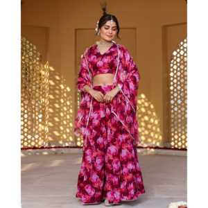 Conjunto de Lehenga de Chifón Transpirable con Estampado Floral de Vino, Talla XS, para Mujer - Product Image 1