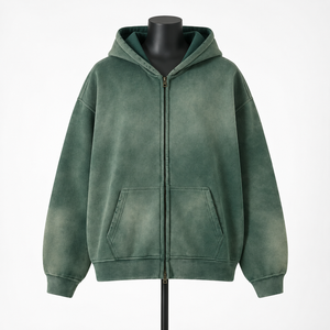 Sudadera con Capucha Oversize Unisex Verde de Algodón Lavado Estilo Francés, Informal, Urbana, de Felpa, Ajuste Regular, para Otoño - Product Image 1